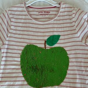 Mini Boden Pink and White Striped Tee with Green and Pink Sequin Apple